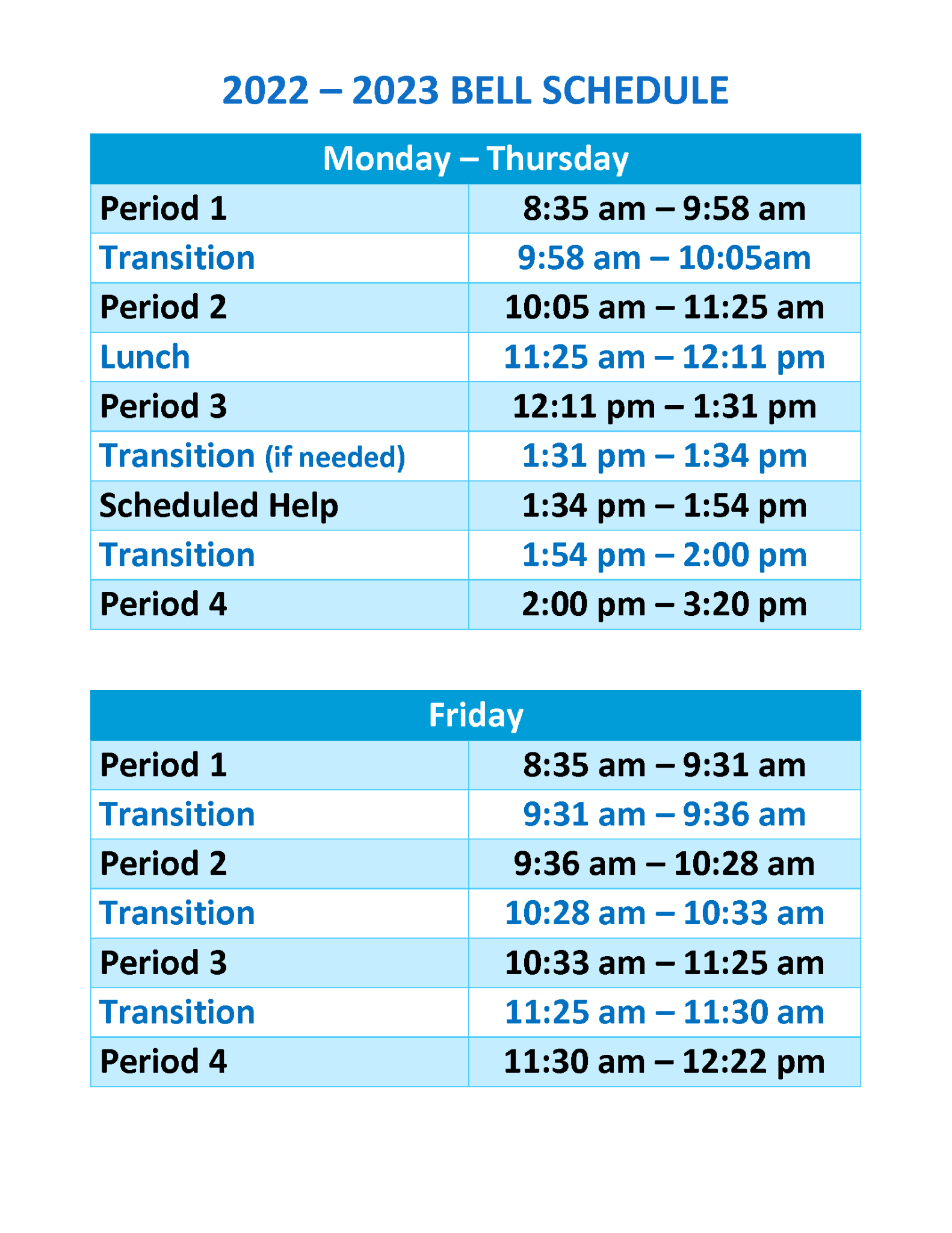 Bell Schedule Holy Trinity Academy