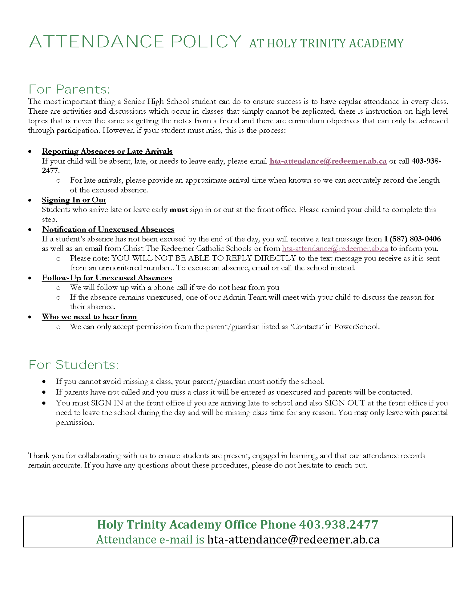 Attendance Policy at Holy Trinity Academy